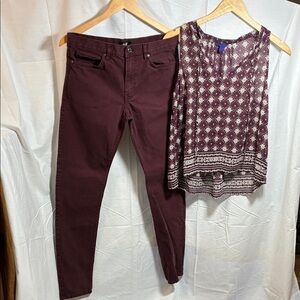 Burgundy Set. Aeropostale Blouse. H&M jeans. 28 inch inseam. 30 in. Waist.